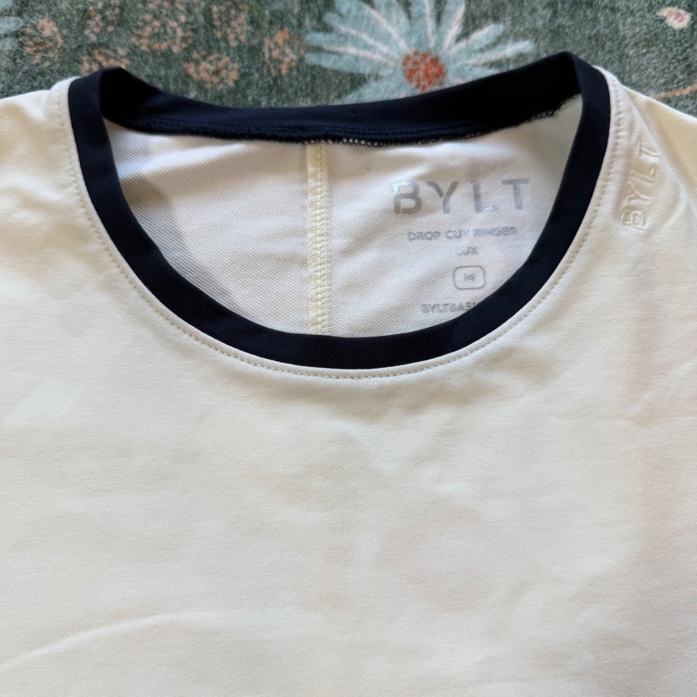 BYLT Premium Basics Mens Drop Cut Ringer Lux Tee Shirt Off White Navy Size M